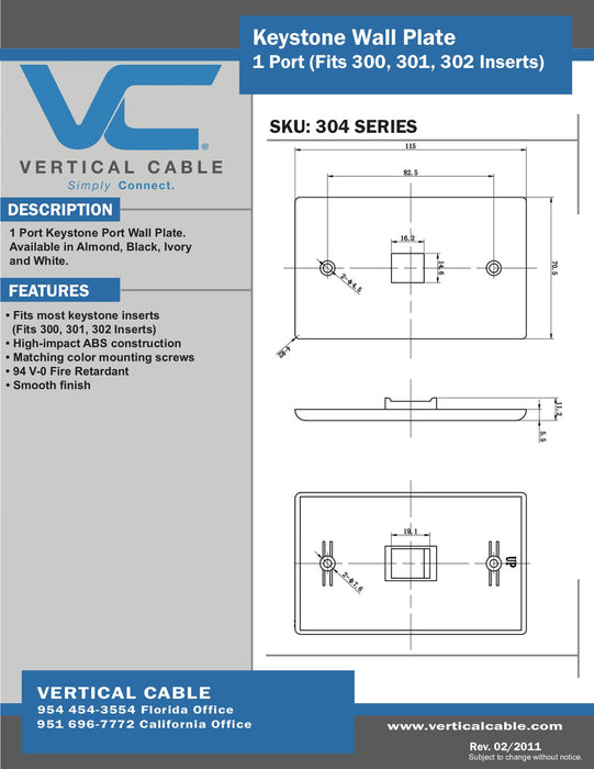 Vertical Cable | VC Placa de pared de una unidad, (1, 2 o 4) puertos, Blanca