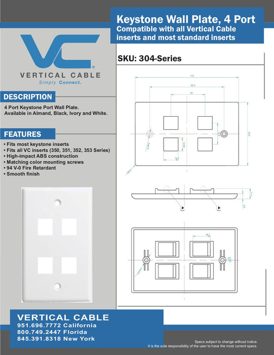 Vertical Cable | VC Placa de pared de una unidad, (1, 2 o 4) puertos, Blanca