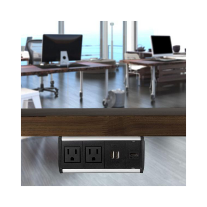 FSR | Caja de conexión Symphony con 2 tomacorrientes AC, 1 cargador doble USB, montaje debajo de la mesa (Blanco, Negro)
